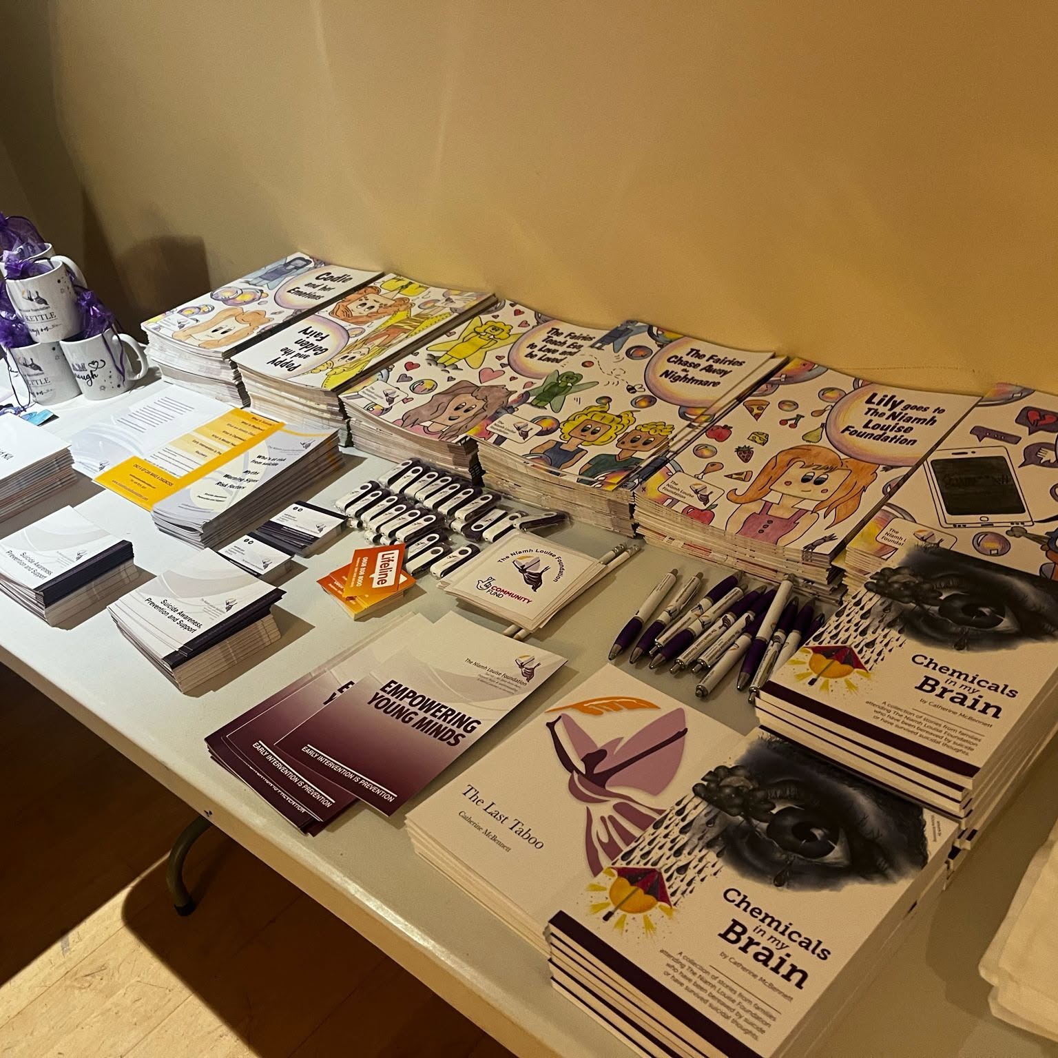 The full collection of Niamh Louise Foundation books and resources displayed on a table